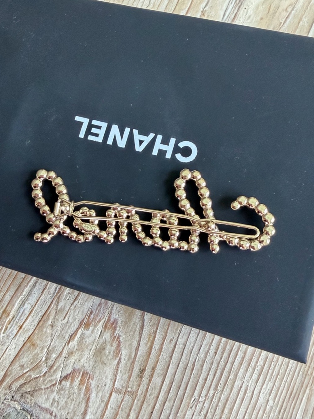 Chanel Logo Pearl Script Barrette- Gold & Pearl - Picture 3 of 3